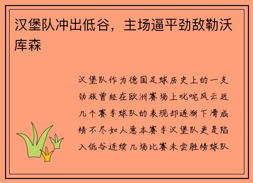 汉堡队冲出低谷，主场逼平劲敌勒沃库森